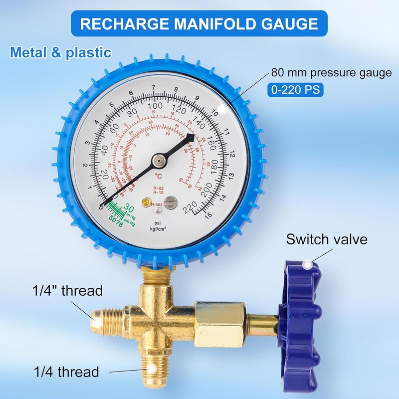 Tigbear R410A Manifold Gauge, Air Conditioning Refrigerant Recharge Pressure Gauge, 1/4 Refrigerant Manifold Freon Gauges for R410A R22 R134A R404A 220 PSI - Image 2